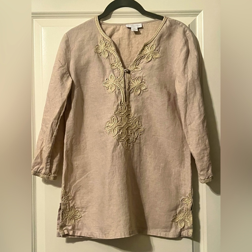 Charter Club Cover Up Embroidered Tunic Top 100% Linen Tan Gold V-Neck Size XS